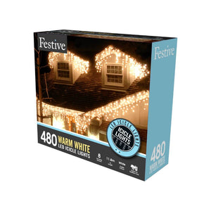 480 Warm White LED Icicle Christmas Lights in the box