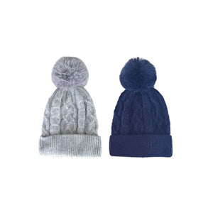 Showing the two colours available in the knitted hat with faux fur bobble including silver grey and navy blue