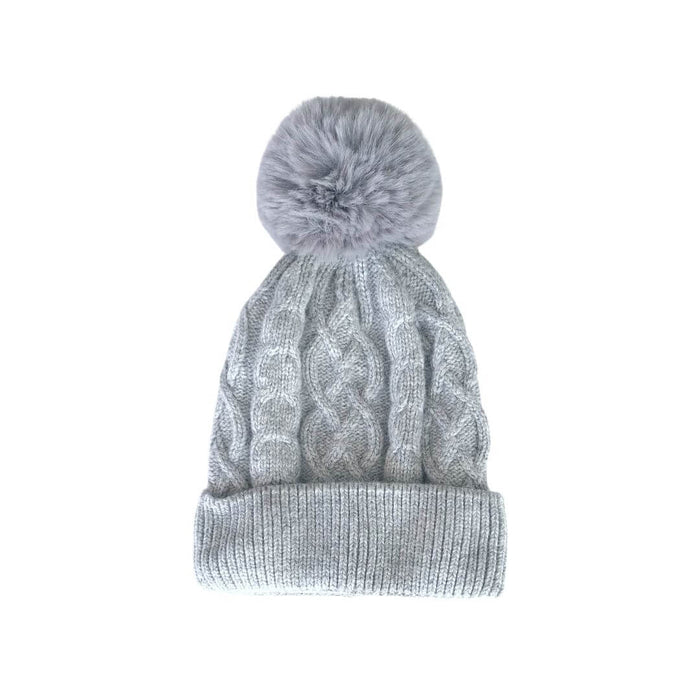 Silver Grey Knitted Hat with Faux Fur Bobble